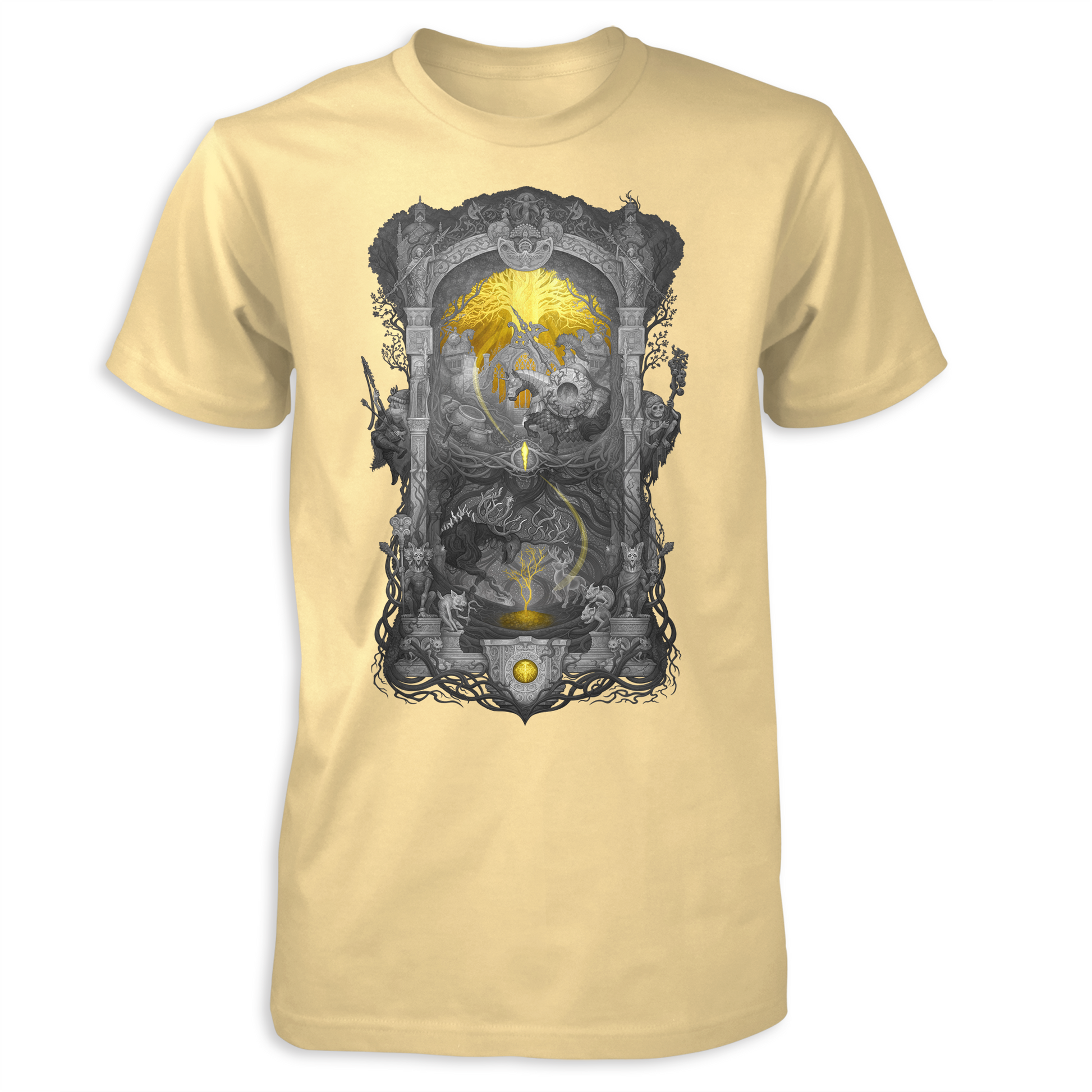 A pale yellow T-shirt with a detailed, vibrant print of a fantasy landscape and characters, inspired by the game Elden Ring.