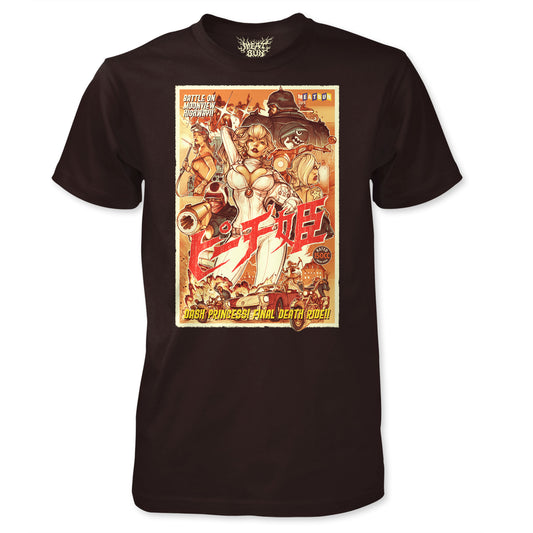 A black t-shirt featuring a graphic print of Princess Peach from The Super Mario Bros. series, with a crew cut and a design suggesting she is the leader of a biker gang.