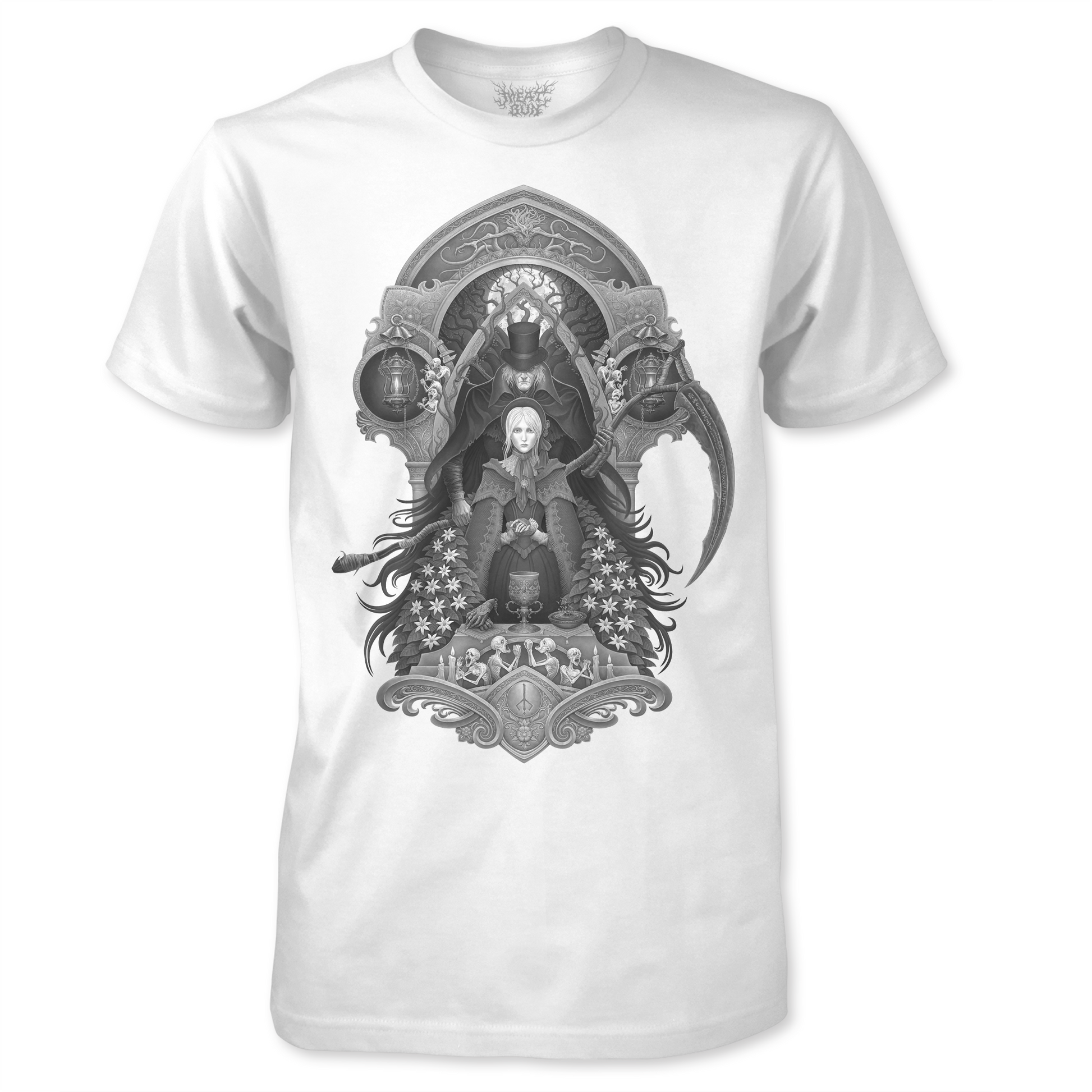 White crew neck t-shirt with a printed graphic design featuring a stylized hunter character.
