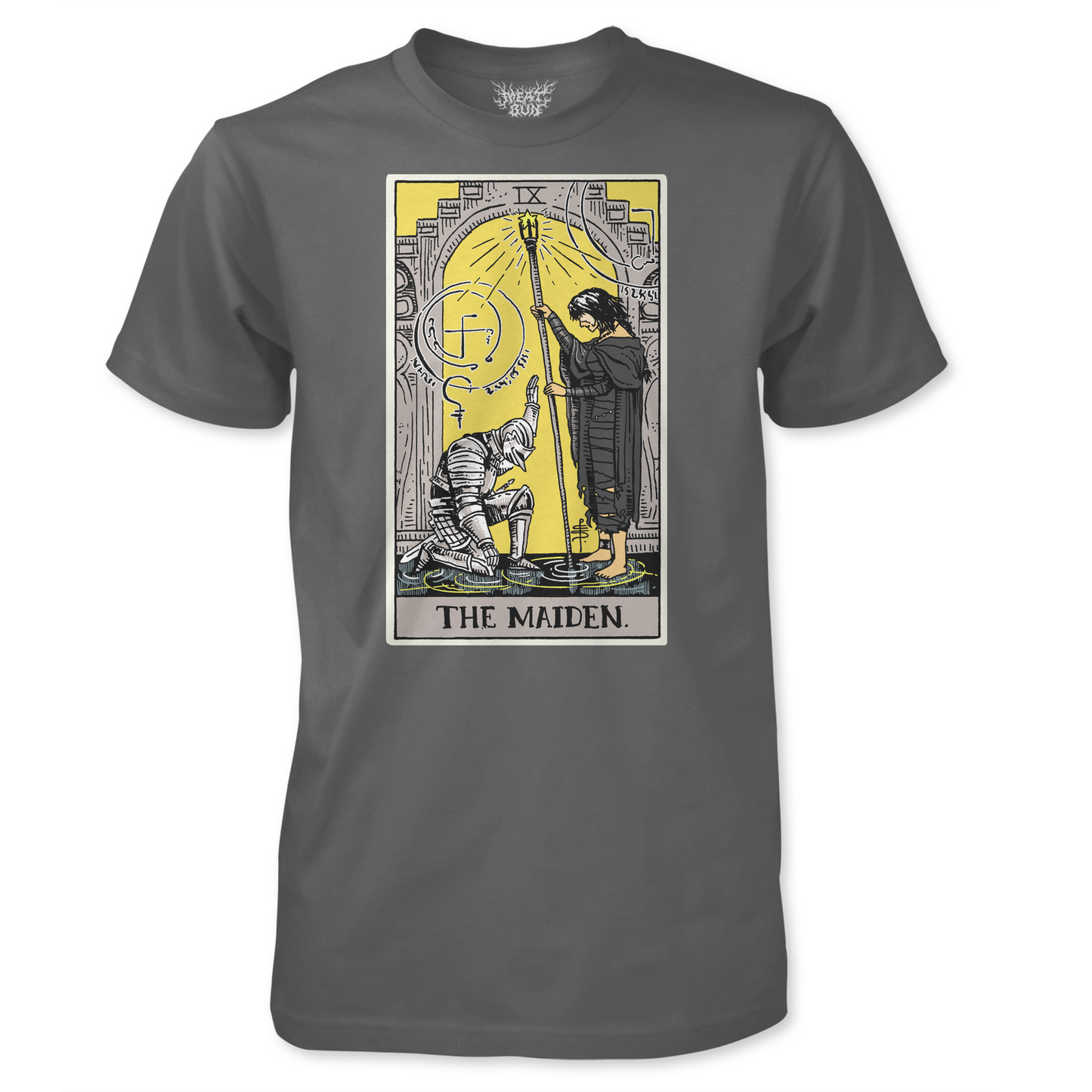 Grey t-shirt with a tarot card design featuring a figure in black robes with a staff, and text that reads 'The Maiden'.