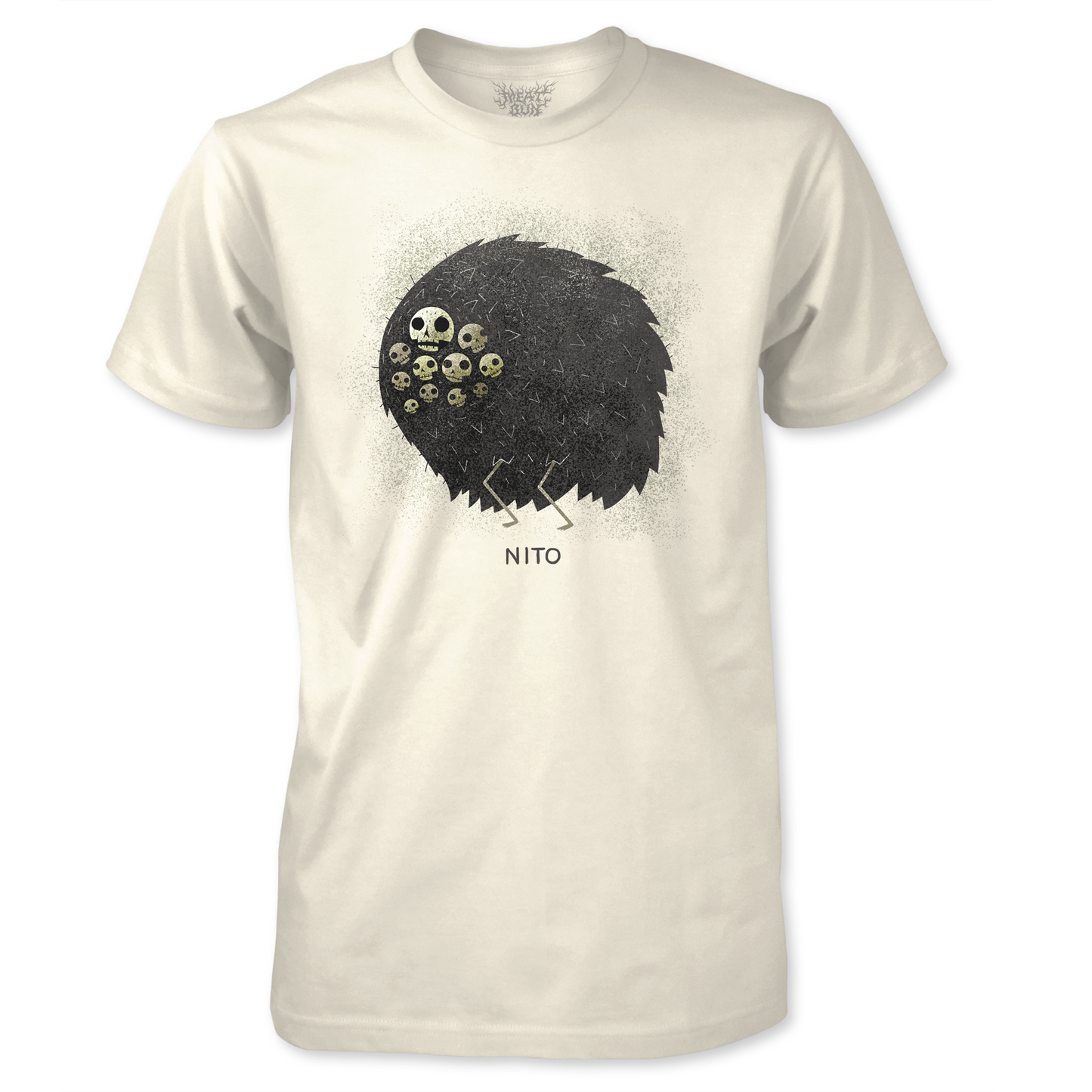 White crew neck t-shirt with a graphic print of a character named Nito on the front.